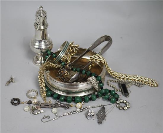 Mixed costume jewellery etc. a silver coaster and a silver sugar caster.